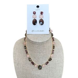 NWT LOFT Chunky Necklace & Earring Set Crystal Plum/Pink/Amber/Gld